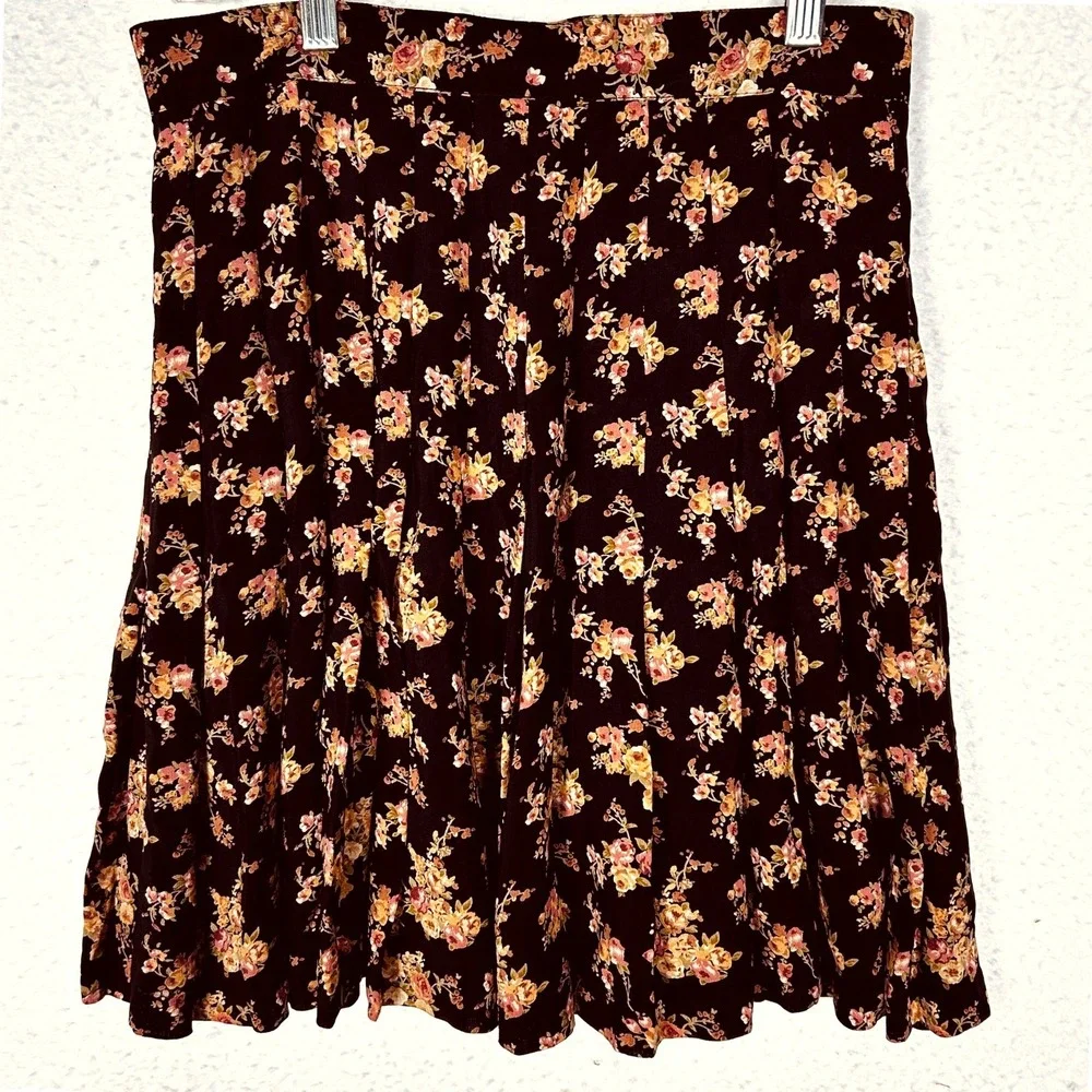 Banana Republic Vintage 90s Floral Pleated Rayon Skirt Brown Pink Womens‎ 8
